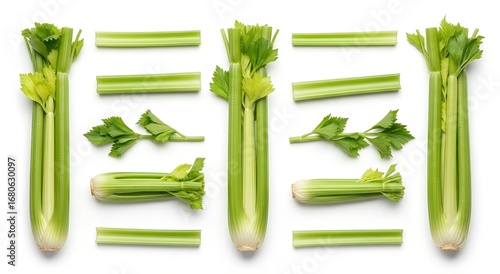 Fresh celery stalks and slices arranged in a geometric pattern on a white background.