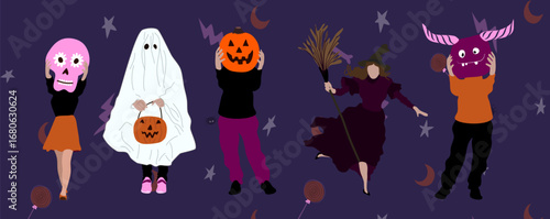 Collection de personnages d'Halloween vectoriels, sorcière avec son balai, fantôme qui tient une citrouille, femme à la tête de mort et monstres, fond à motifs éclair, lune, araignée, os...