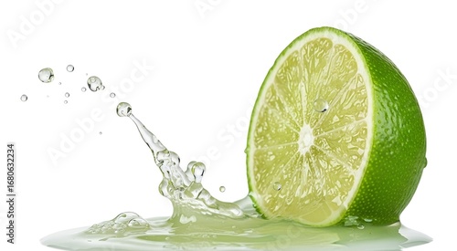 A vibrant green lime half is cut open, with fresh juice splashing dynamically outwards against a clean white background.