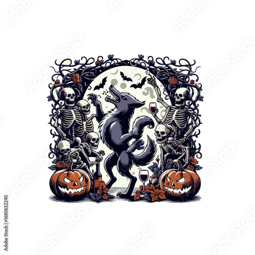 Skeletons, pumpkin , wolves Celebrate Halloween, T-shirt Design ,Generative AI