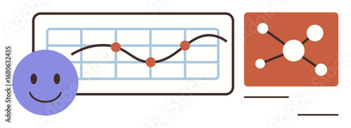 Smiling face next to a line graph with red data points and a network connection diagram. Ideal for analytics, teamwork, networking, success, positivity, collaboration, progress. Simple flat metaphor