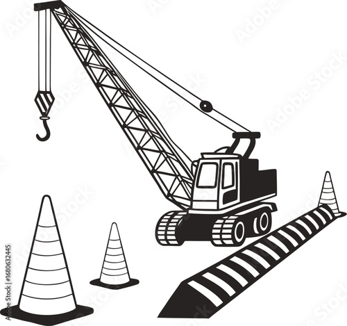 Dynamic road construction scene featuring a powerful crane lifting heavy materials against a clean white background for advertising