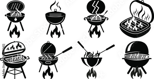 Barbecue Grill Icons Set — Black and White BBQ Symbols with Fire, Cooking Tools, and Grilling Design Elements