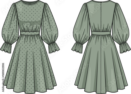Women’s puff sleeve dress mockup, vintage floral pattern, midi length, front and back view, elegant casual outfit, fashion design template, vector illustration,