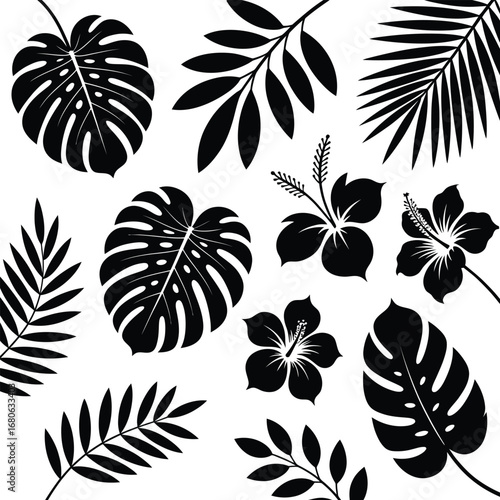 Collection of black tropical leaf and flower silhouettes with monstera, palm, and hibiscus icons. An isolated vector set perfect for elegant summer designs.