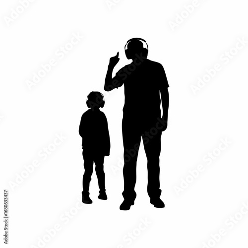 Son wearing headphones ignores father s words silhouette on white background