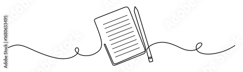 Continuous line art of a book or sheet of paper with a pen beside it, on a transparent background. This icon is for stickers or banners in stationery stores and libraries.


