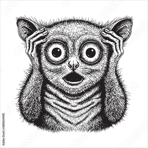 Vector art of surprised tarsier in a vintage drawing style