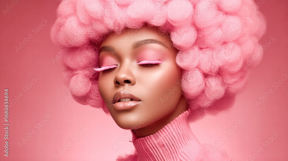 Naklejka premium A stunning woman with a beautiful afro and pink makeup posing for a portrait.