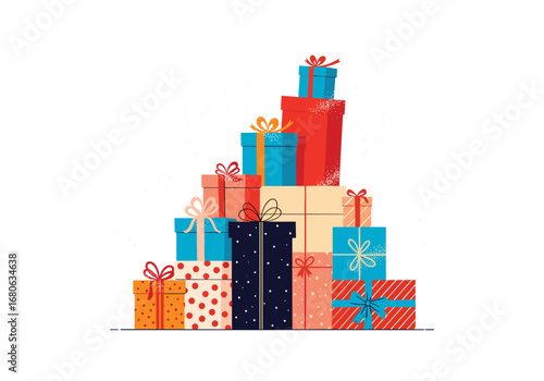 A towering collection of vibrantly wrapped gift boxes ready for giving this festive season