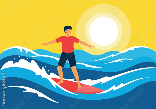 Young man enjoys surfing on a sunny day riding ocean waves feeling freedom and excitement
