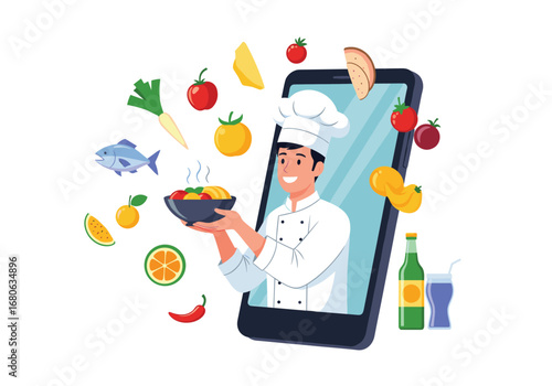 Online cooking masterclass chef demonstrates delicious meal preparation through mobile app interface