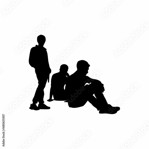 Silhouette of young friends enjoying leisure time together on a white background