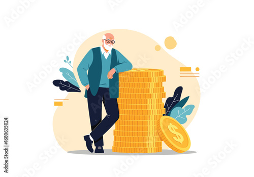 Elderly gentleman leaning against a large stack of golden coins symbolizing financial prosperity and retirement savings