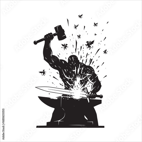 Vector art of blacksmith forging a sword with hammer on anvil