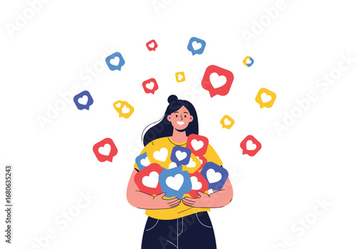 Young woman holding many likes hearts and social media icons around her head celebrating online popularity and engagement