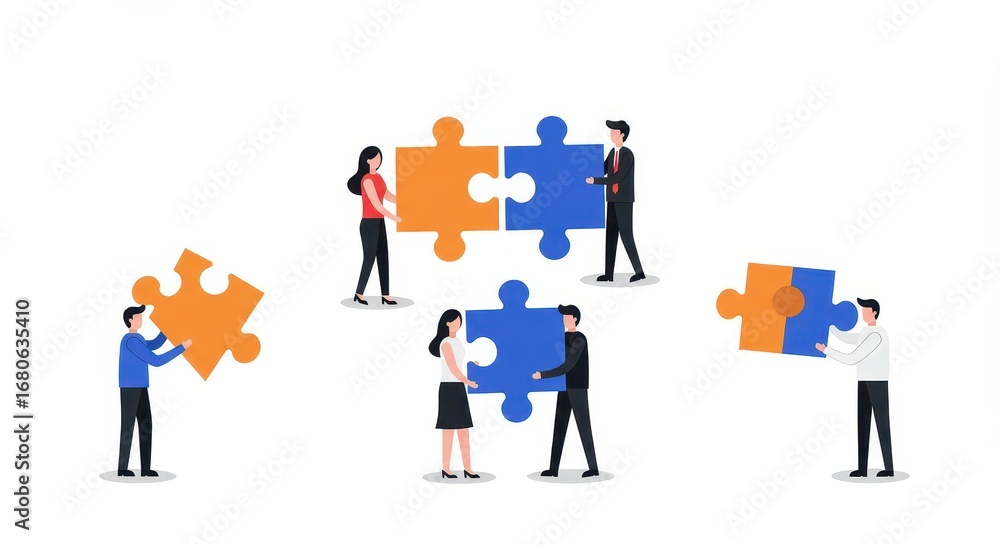 Obraz premium Diverse team members collaboratively assemble puzzle pieces, symbolizing unity and collective effort.
