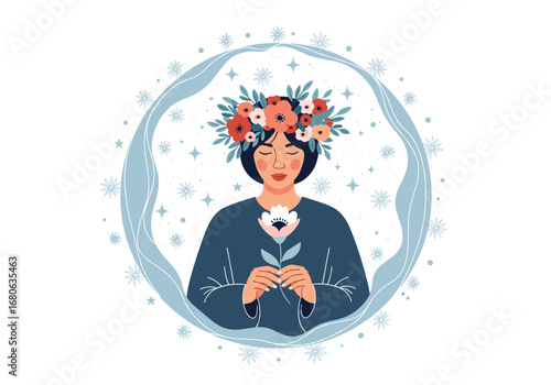 Beautiful woman with flower crown holding white flower inside circular frame with stars
