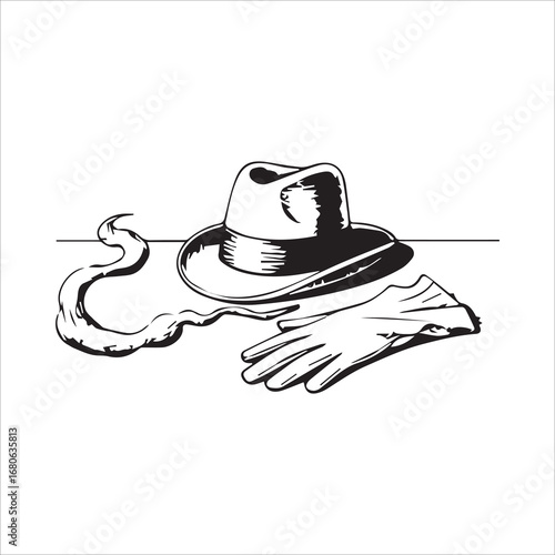 Vector art of vintage hat, glove and smoke illustration
