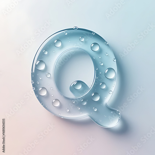 Creative lowercase letter q with water drop texture effect, smooth pastel background, professional proportion, clean sharp lines