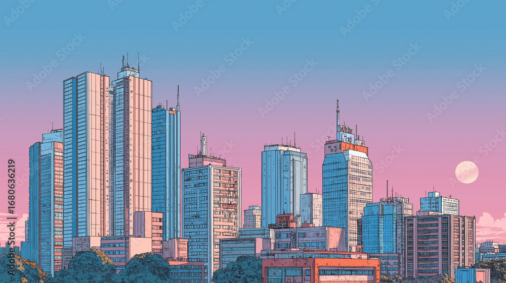 Obraz premium レトロポップな色合いで描かれた都市の風景イラスト。1980年代シティポップ風の雰囲気を感じさせる高層ビル群と青空が特徴的で、ノスタルジックかつ都会的な世界観を表現したデザイン素材。