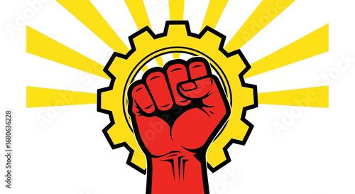 Vector art of red fist raised in front of a yellow gear and sunburst