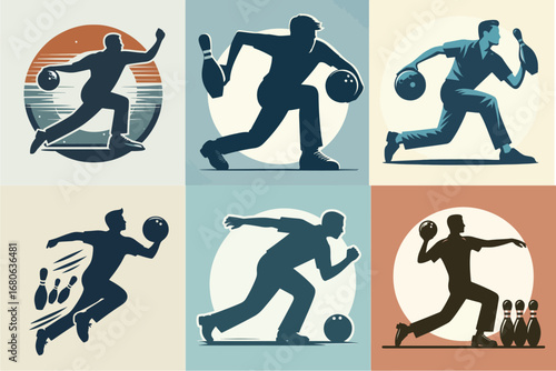 vector illustration of a set of bowling player silhouettes