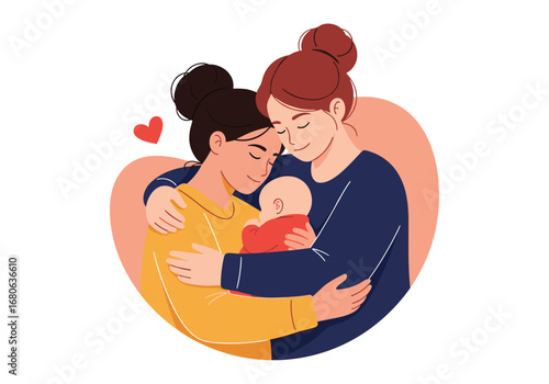 Two women tenderly embracing their baby symbolizing love family and the beauty of diverse parenthood journeys together