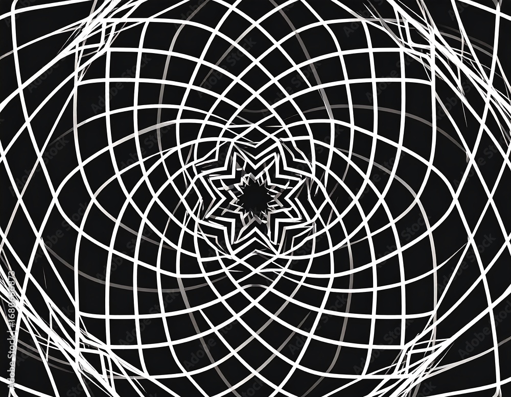 Obraz premium Intricate black and white pattern with radiating lines and a central star