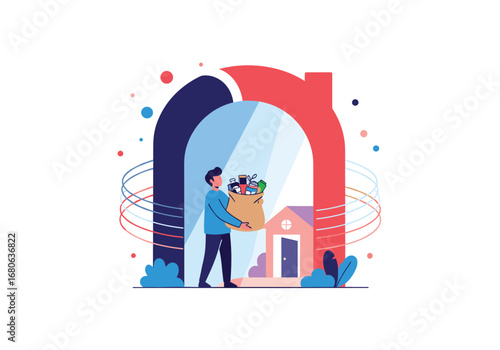 Man carrying grocery bag through abstract door delivering food to home service concept