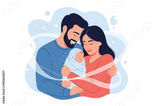 A happy family with a new baby holding them close together showing love and care
