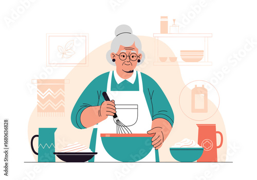 Skilled grandma whisking ingredients in a bowl preparing delicious homemade food