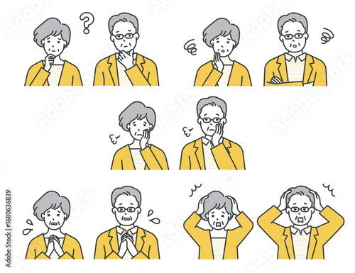 困った表情のシニア男女の上半身イラスト