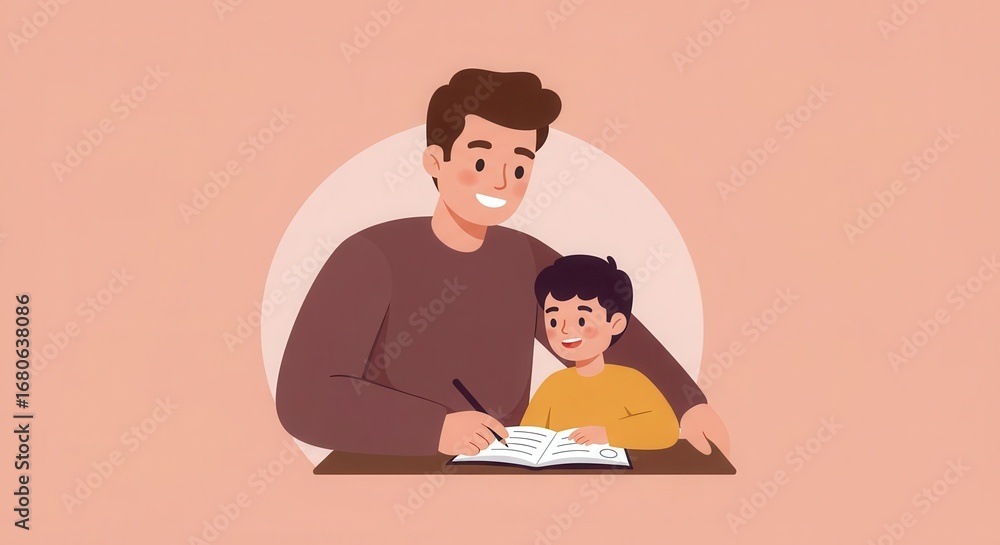 Fototapeta premium A father and son are engaged in a learning activity together at a desk, focused on a shared educational experience.