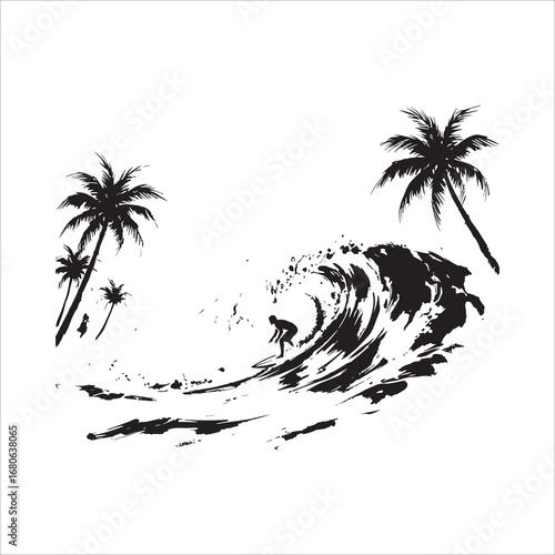Vector art of silhouette of a surfer riding a wave near palm trees on