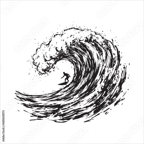 Vector art of silhouette of a surfer riding a big wave