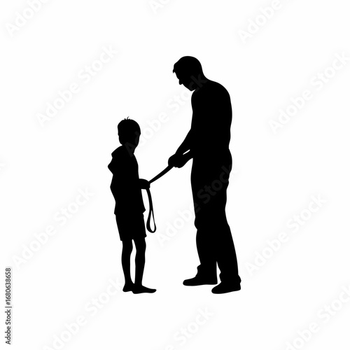 Silhouette of an angry father holding his belt over a frightened son