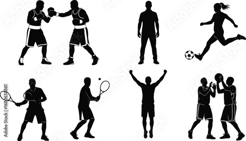 Silhouettes of Men Boxing, Playing Soccer, Tennis, and Basketball – Active Male Sports and Fitness Vector Clipart