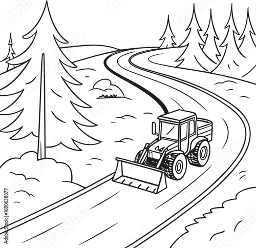 Winter scene banner featuring a snowplow clearing a snowy road with a white background