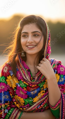 Punjabi girl wearing traditional embroidered dupatta with colorful floral pattern. Cultural fashion and ethnic clothing concept.