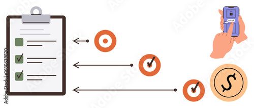 Checkbox clipboard, goal targets with arrows, and hand authorizing payment via mobile device. Ideal for planning, productivity, workflow, goals, finance, task management simple flat metaphor