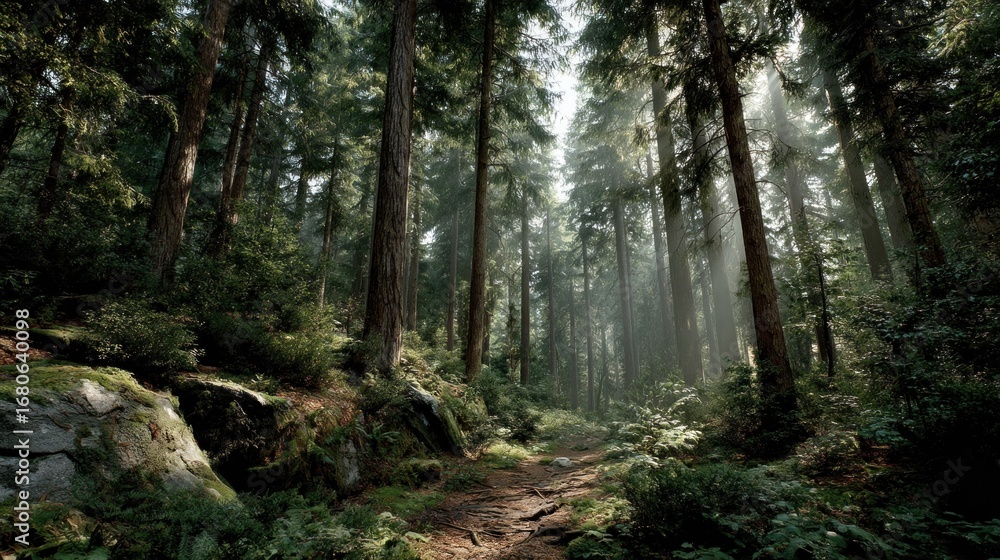 Obraz premium Sunlight filtering through the majestic trees in a lush green temperate forest