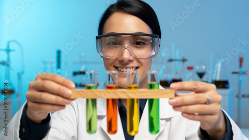 Young Woman Scientist Examines Colorful Liquids in Test Tubes During a Laboratory Experiment