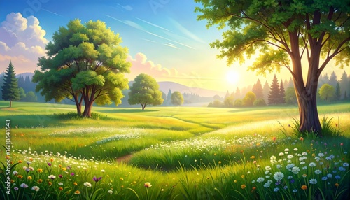 Tranquil green meadow abloom with colorful flowers and majestic trees in soft illustrative style