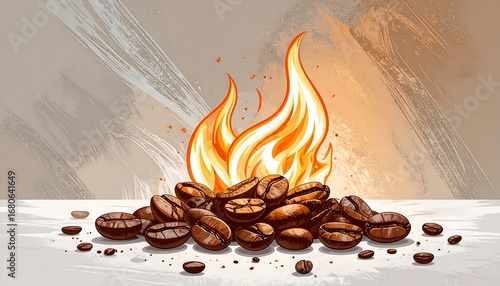 A pile of roasted coffee beans, blazing with intense fire, sits on a textured surface.