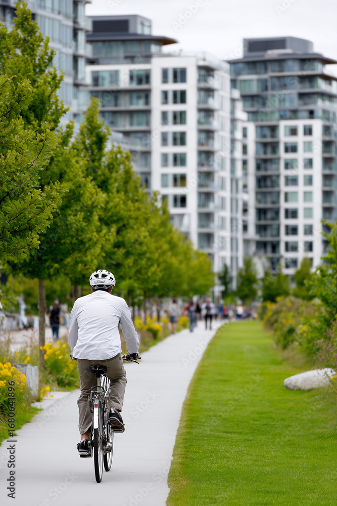 Naklejka premium Person cycling on a green path in an eco-friendly city