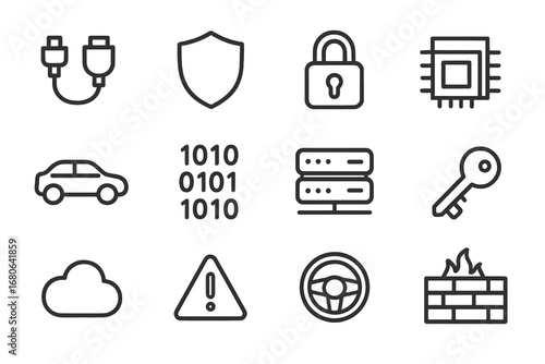 In-Vehicle Security Icons. Outline icon set of in-vehicle network security: CAN bus cable, shield, padlock,