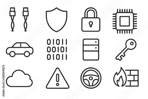 In-Vehicle Security Icons. Outline icon set of in-vehicle network security: CAN bus cable, shield, padlock,
