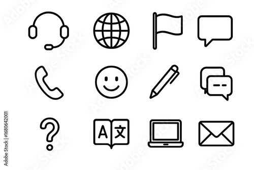 International Service Icons. Outline icon set of international customer service: headset, globe, flag, speech