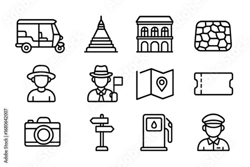 Tuk-Tuk Icon Set. Outline icon set of tuk-tuk in historical cities: tuk-tuk, temple, old building, stone road,